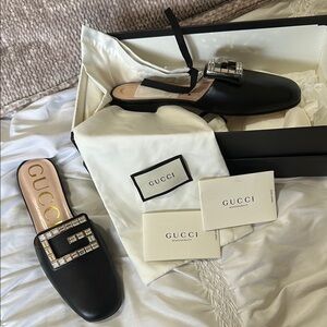 Gucci Black Leather Mules with Silver Buckle